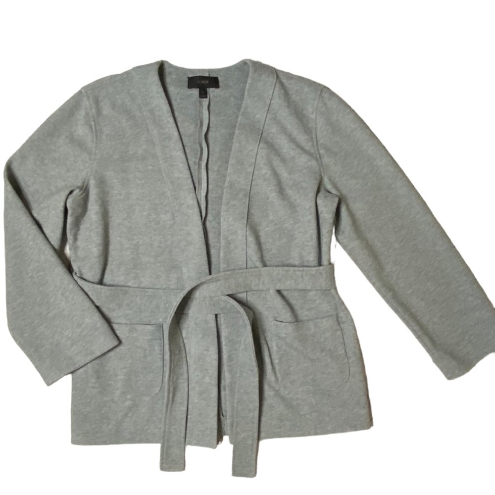J. Crew Black Label sz Large Gray Open Front Tie Waist Cardigan Sweater